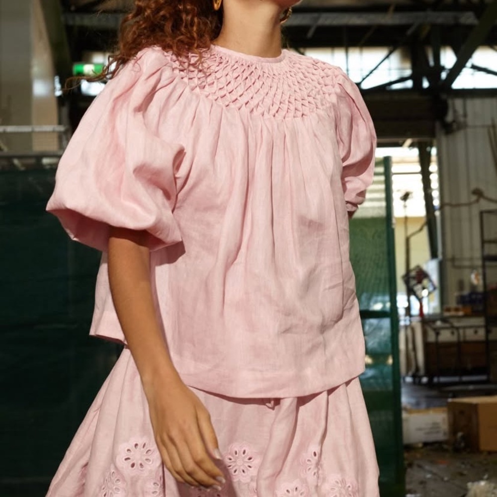 Innika Choo hand smocked linen Hope Filthorts Blouse Top In Pink